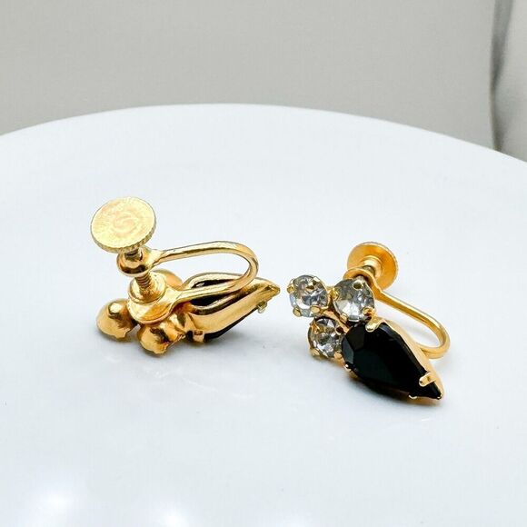 Vintage 1950s Screw Back Earrings Sparkling Clear Black Rhinestones Art Deco - Picture 8 of 9